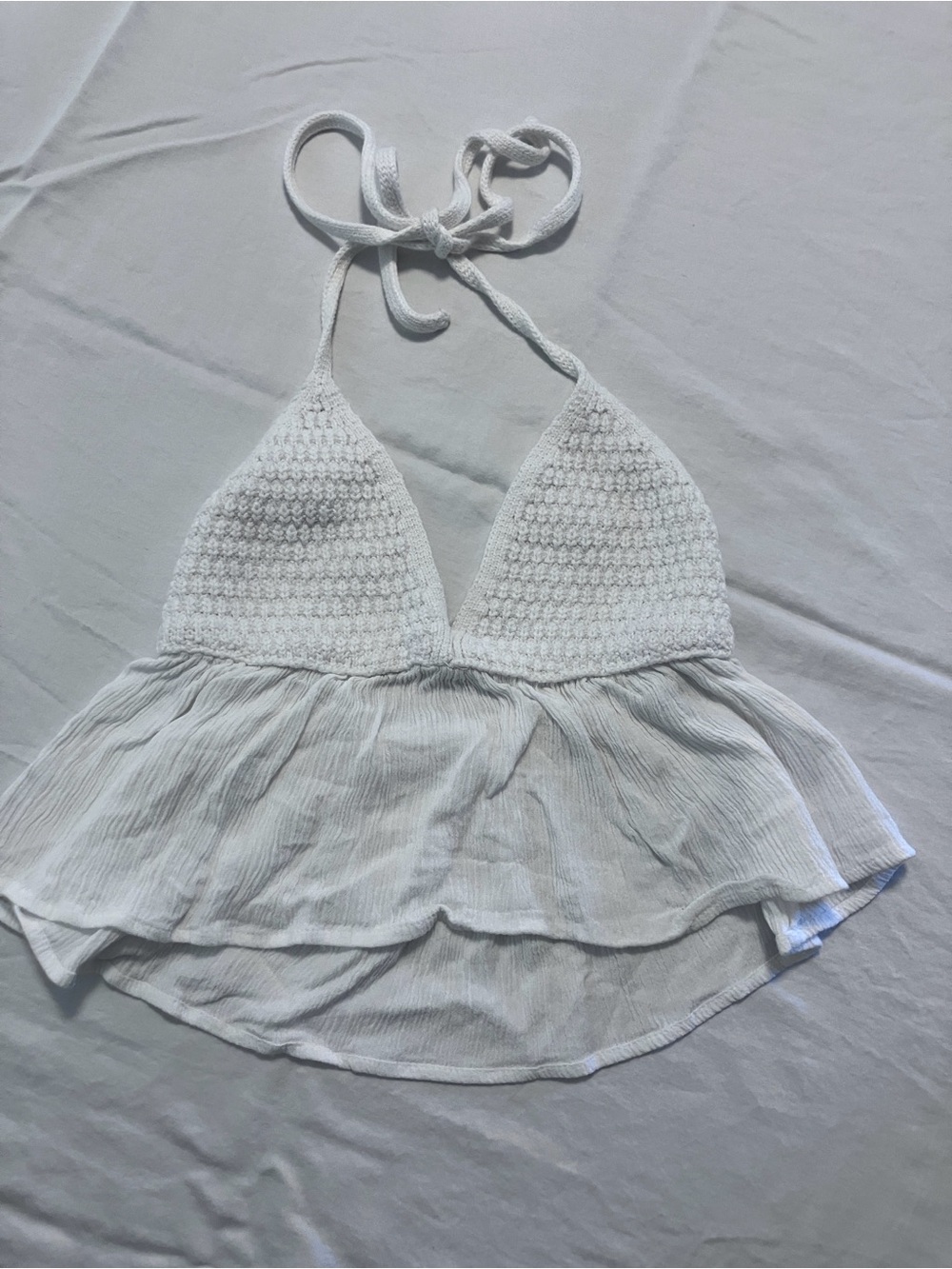 Garage Size XS white crocheted/ruffled halter top